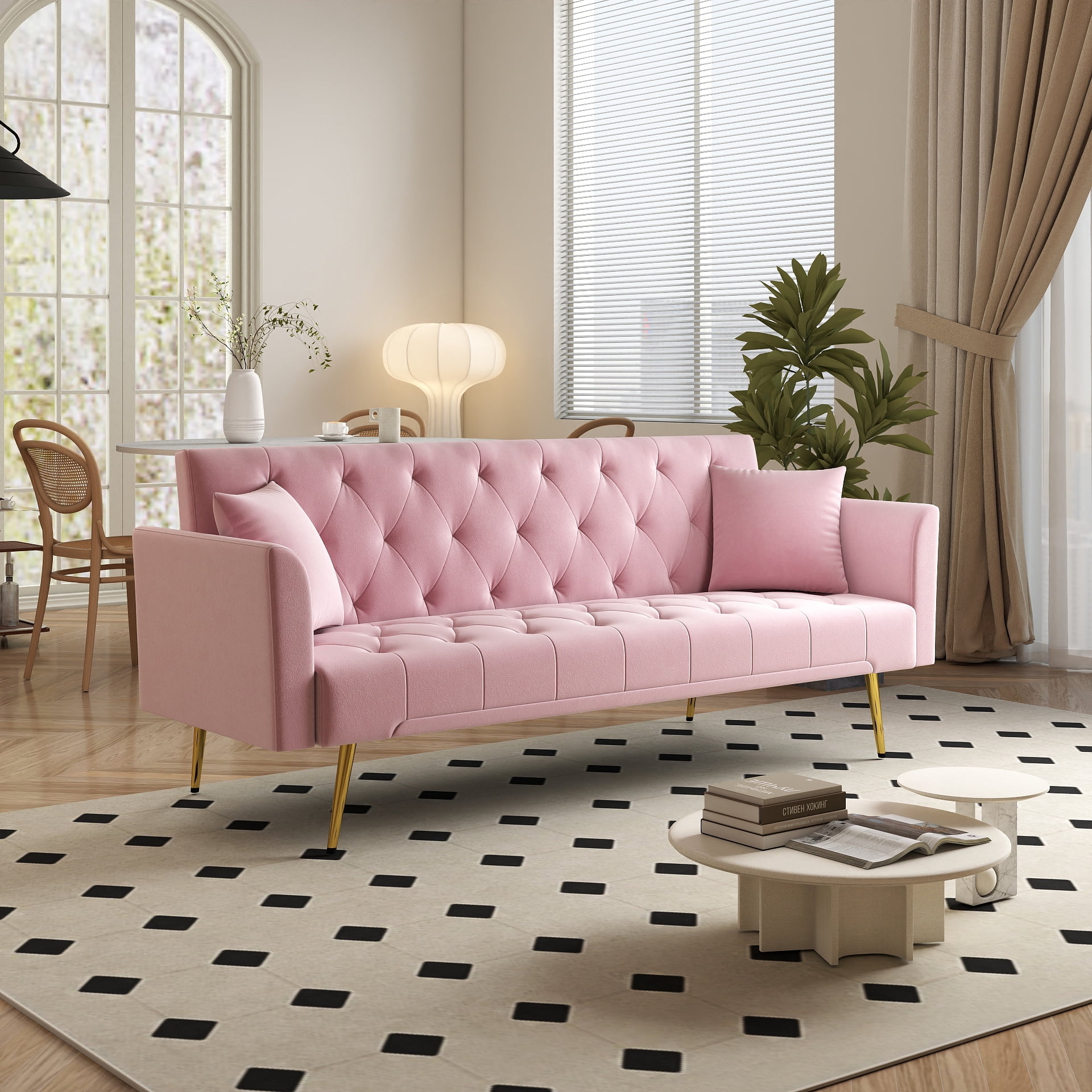 Modern 72" Foldable Sleeper Sofa Bed, 3-in-1 Adjustable Loveseat with Tufted American Retro Style, Pink Velvet Upholstery, Space-Saving for Small Living Rooms, Bedrooms, Apartments, Home Office