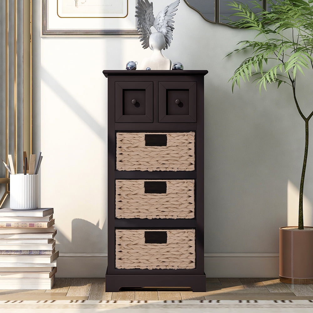 Private Jungle Vintage End Table with 3 Baskets for Livingroom Accent Style (Espresso)