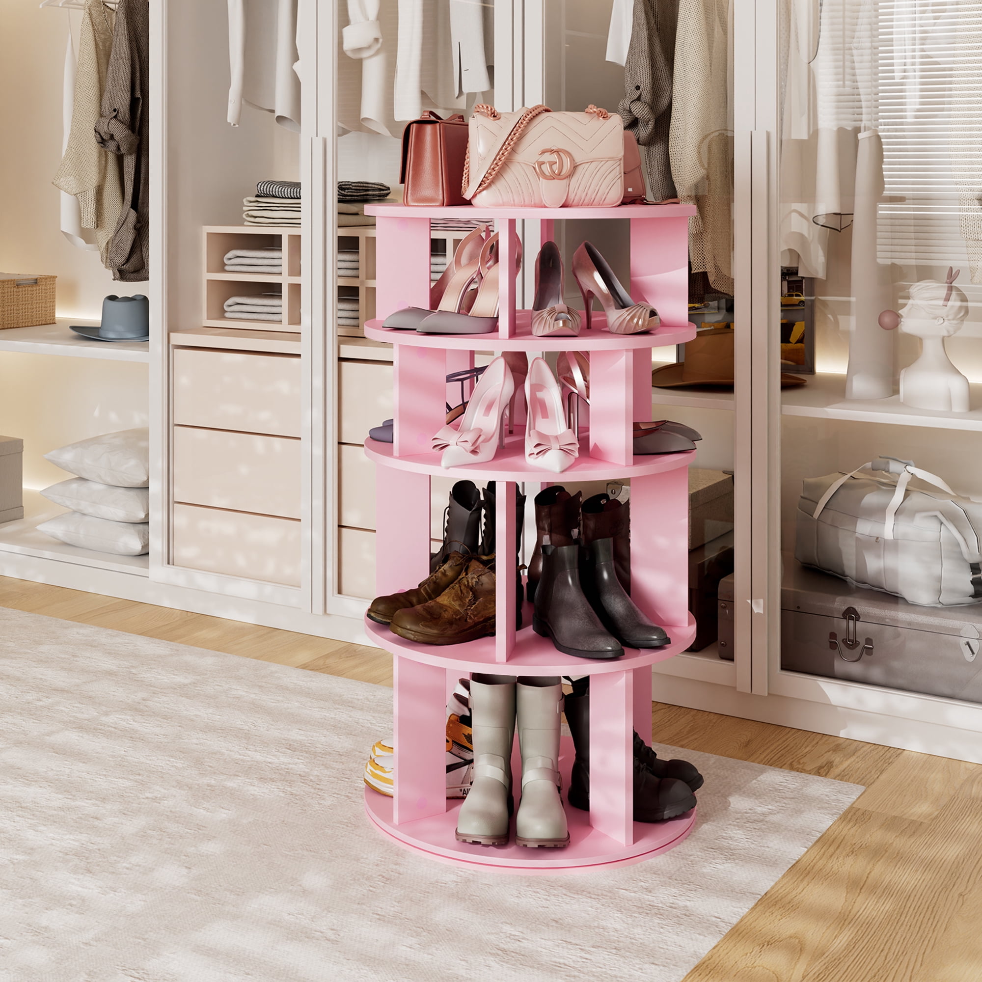 5 Tier Rotating Shoe Rack Tower, 16 Pair Shoe Organizer Shelf, Pink, 43.6" x 23.6" x 23.6"