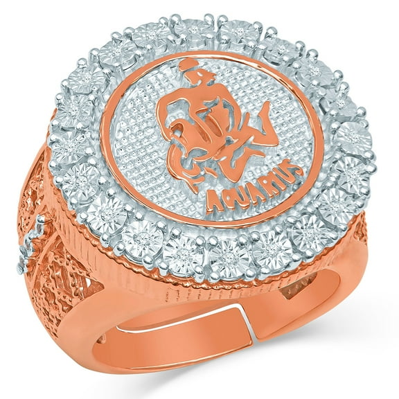 Mens Real Genuine Diamonds Aquarius Water Zodiac Sign Astrology Horoscope Ring 10K Rose Gold Finish Pinky Band