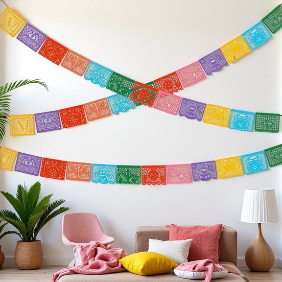 DUNCHATY 3 Pcs Felt Papel Picado Banner - 22ft Each Traditional Mexican Party Decorations for Cinco de Mayo, Day of the Dead, Wedding, Birthday & Festival Supplies