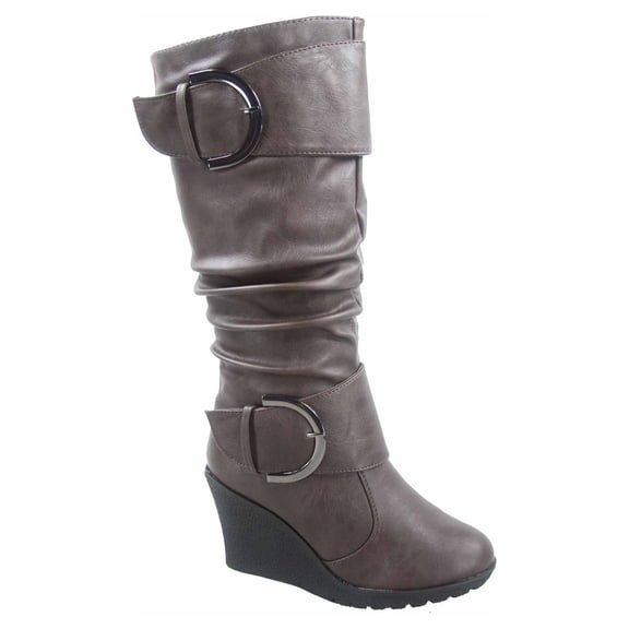 Pure-65 Women's Fashion Round Toe Slouch Large Buckle Wedge Mid Calf Boot Shoes ( Brown, 5 )