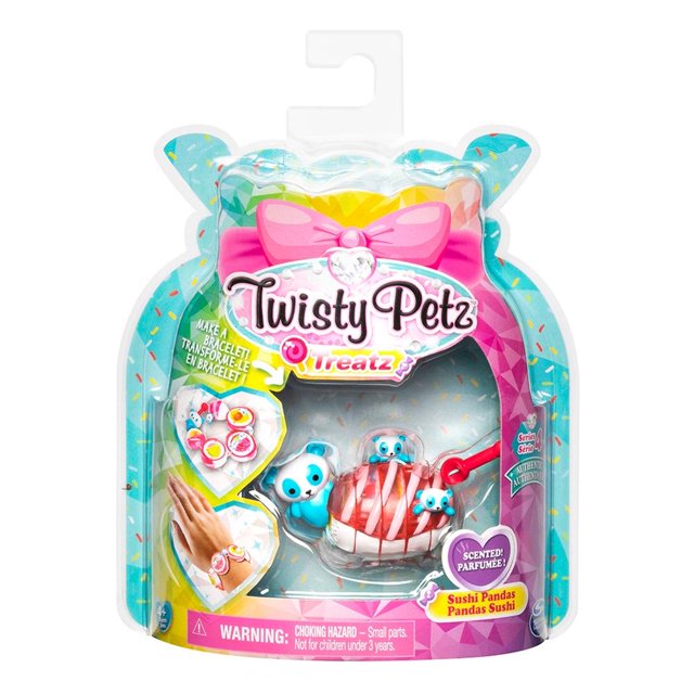 Juguete Postrecitos Twisty Petz Spin Master Sushi Pandas, figura articulada de pandas estilo sushi con aroma agradable que se gira y se transforma en pulseras o accesorios de moda, ideal para niñas de 4 años o más, incluye coleccionador y es parte de la línea de juguetes de colección, también adecuado para coleccionar y exhibir.