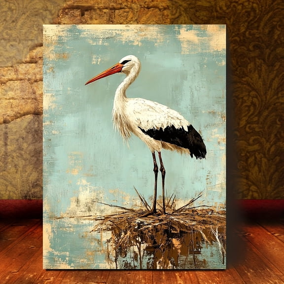 2D Flat, 1pc Vintage Stork Painting Wall Art - Rustic Farmhouse Lake House Decor with Wood Frame, Wrap-Around Canvas Suitable for Bedroom & Living Room