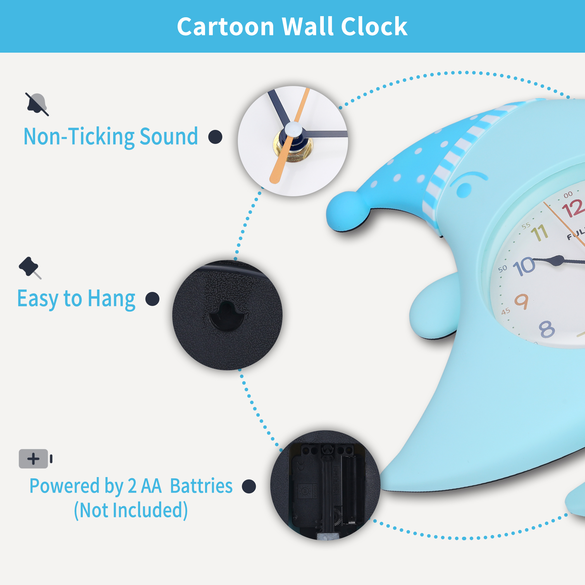 Unique Bargains 1pc Cute Moon Cartoon Star Decor Silent Wall Clock 18" x 12" x 2.4" Blue