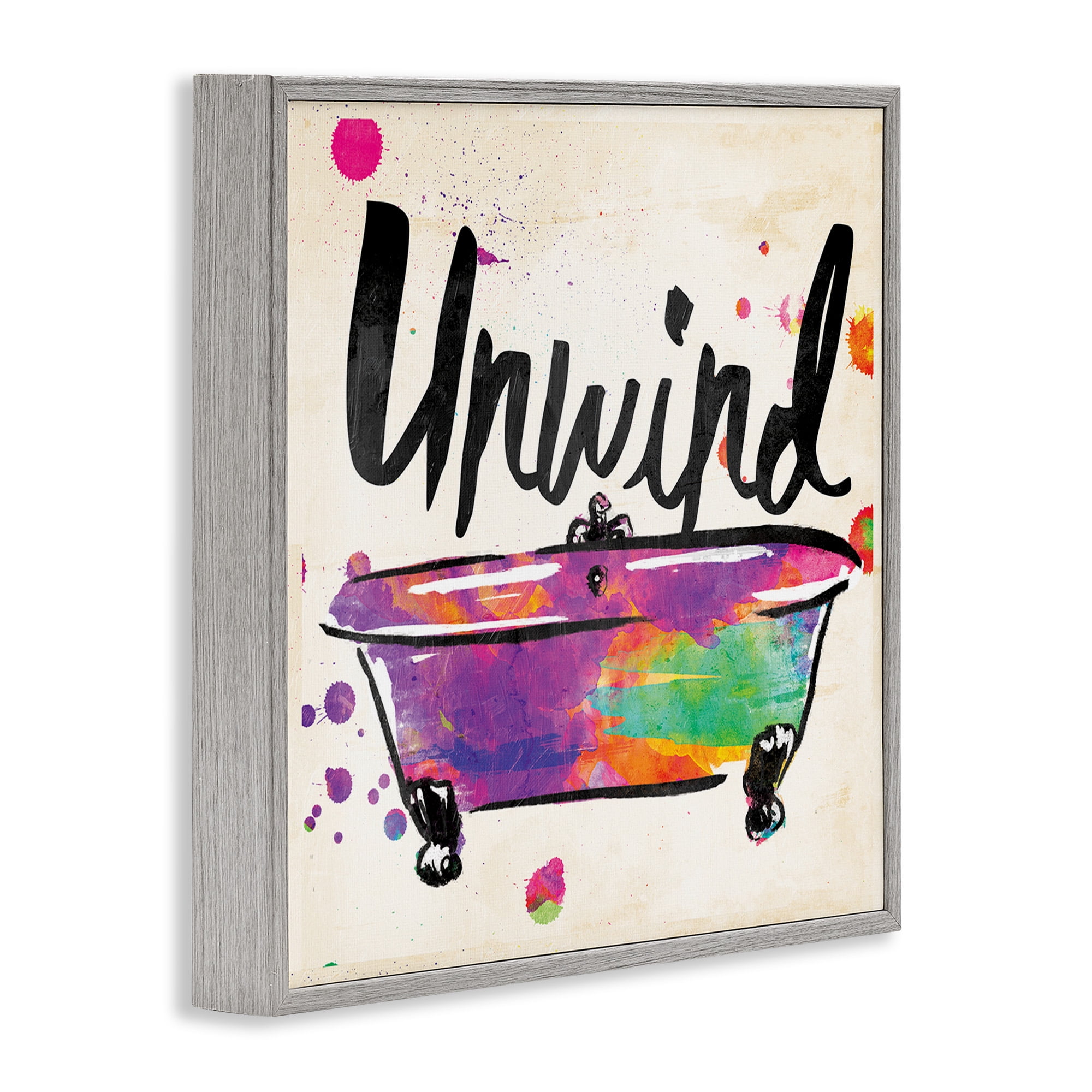 Stupell Industries Unwind Rainbow Colors Icon Bath Typography Painting Gray Framed Art Print Wall Art, 24 x 24