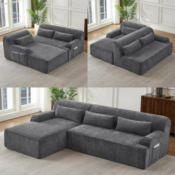 DEALTOPS Modular L-Shaped Chenille Sofa Couch, Convertible Sponge Sectional Sofa with Chaise, No Assembly Required, Gray