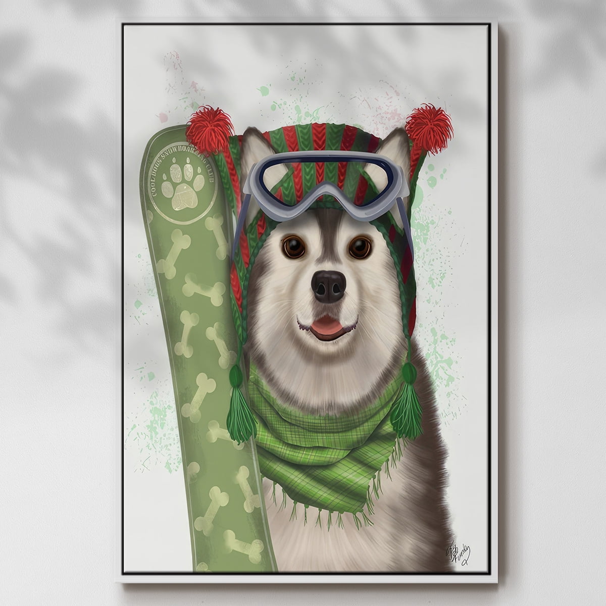 Christmas Husky Snowboard - Framed Gallery Wrapped Holiday Canvas - 27 x 41 - White Frame