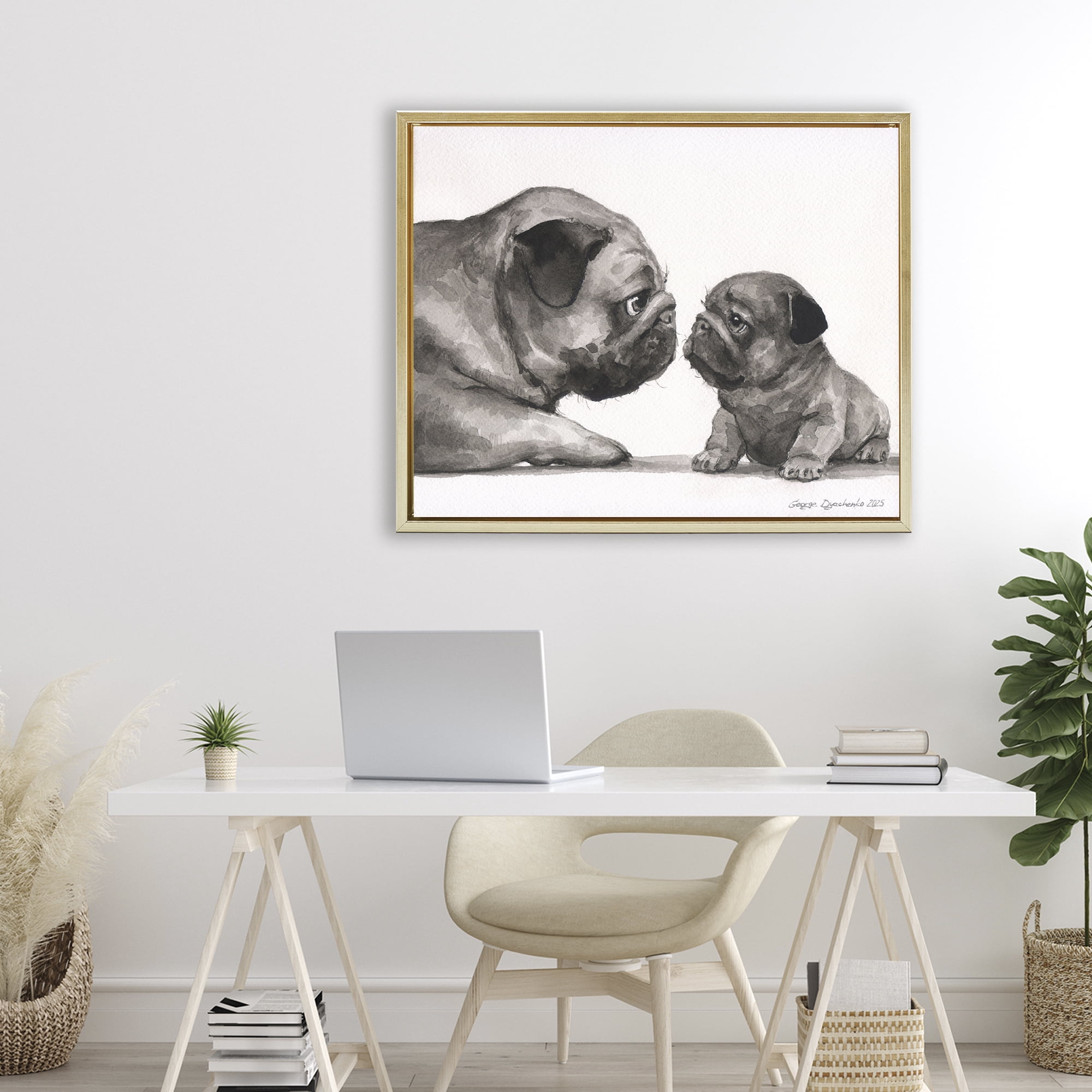 Stupell Industries Pug And Her Puppy Gold Framed Floater Canvas Wall Art, design by George Dyachenko
