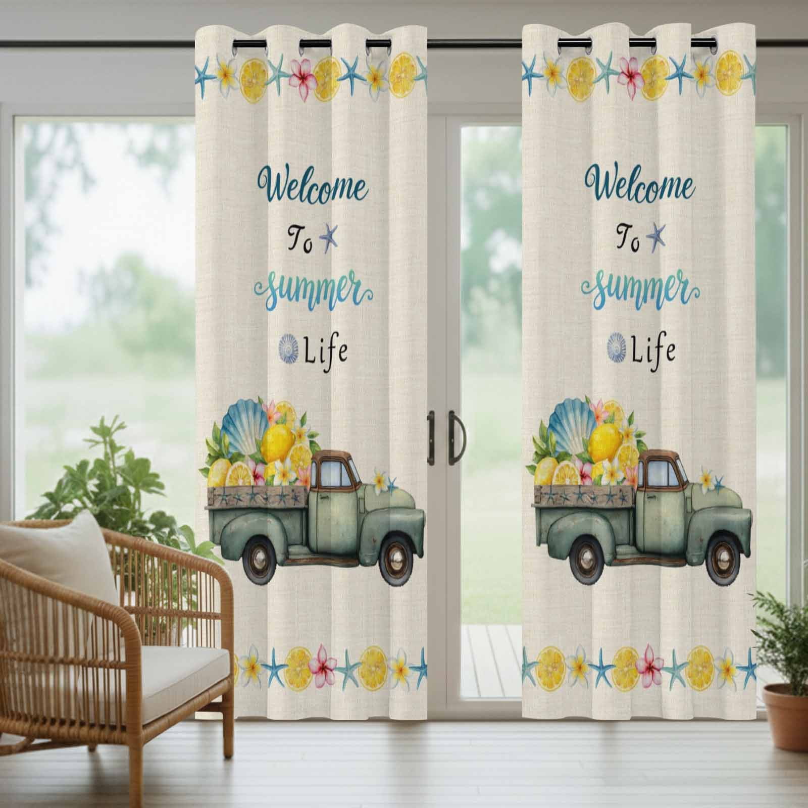 WELCOME TO SUMMER LIFE Outdoor Curtains 1 Panel Retro Truck Nautical Shell Starfish Vintage Waterproof Weatherproof Privacy Curtain Thermal Outside Drape for Porch Patio 54 x 108 Inch