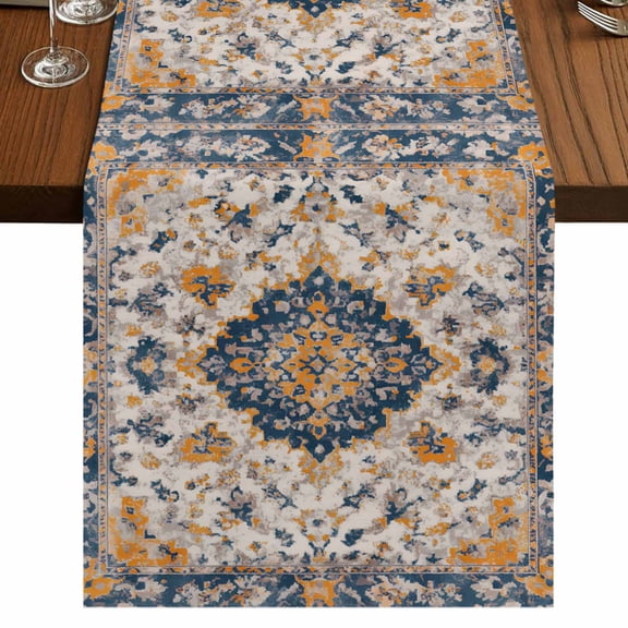 Boho Chic Ethnic Table Runner 120 Inches Long, Orange Blue Vintage Tribes Cotton Linen Table Runners Dresser Scarves, Decorative Fabric Tabletop Scarf Furniture Cover for Home Dinner Party 13"x120"
