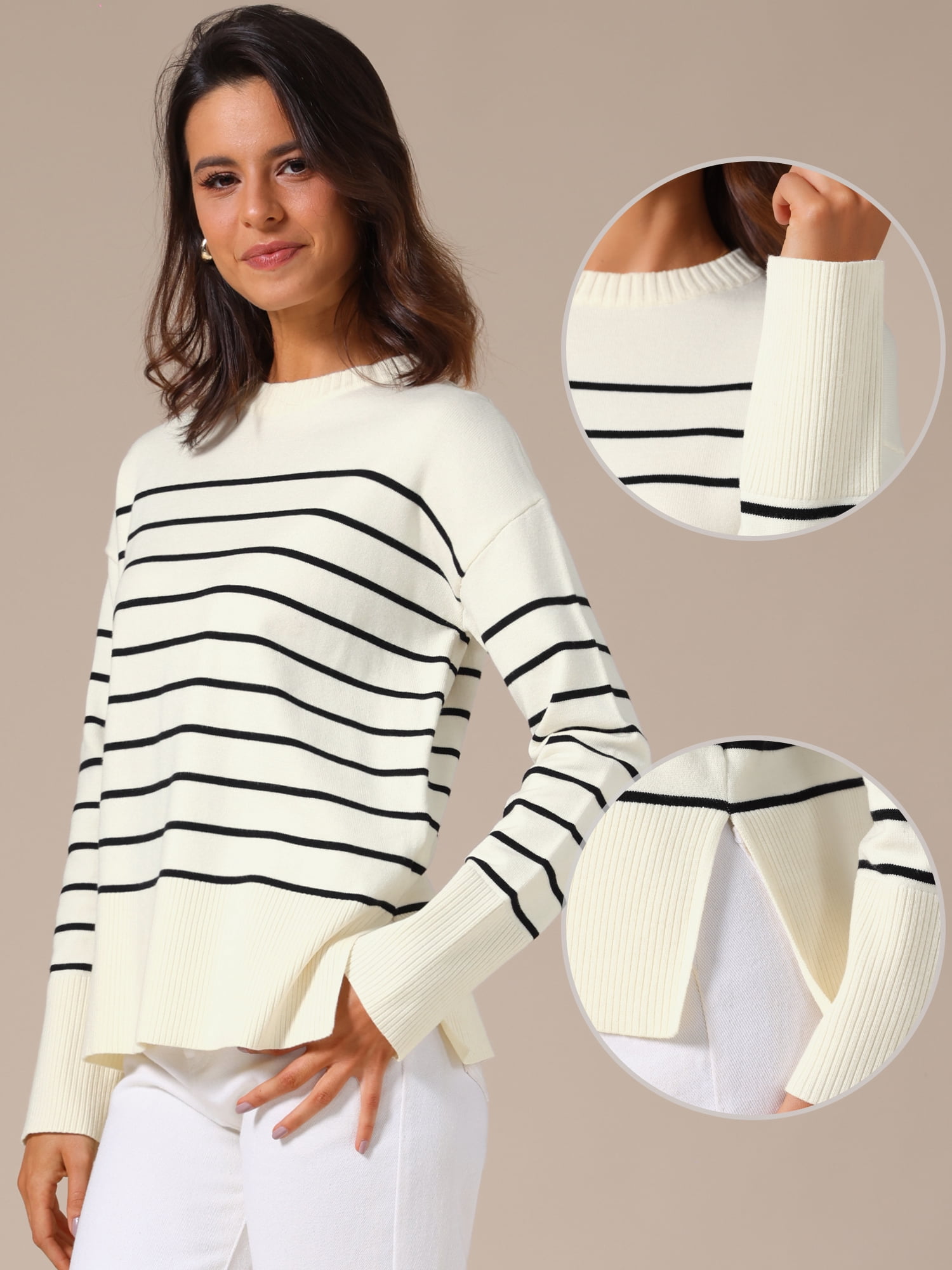 DARING DIVA Women's Striped Pullover Spring Crewneck Knit Sweater M White