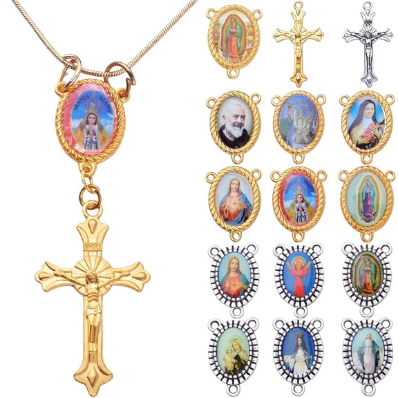 20pcs Rosary Cross Center Charms Pendants and 20pcs Mixed Picture Miraculous Jesus Maria Our Lady Crucifix Catholic Virgin Oval Chandelier Links for DIY Rosary Necklace Bracelet Jewelry Making