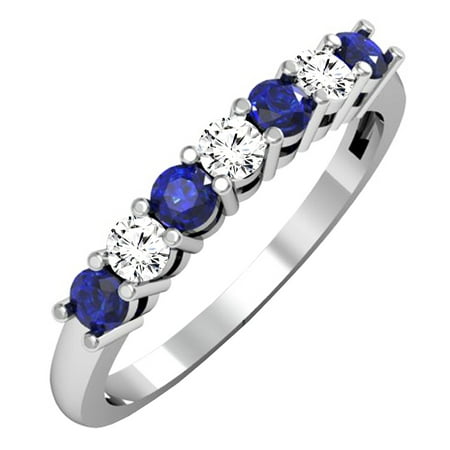 10k White Gold Wedding Bands - 10K White Gold Round Blue Sapphire and White Diamond 7 Stone Bridal Wedding Band