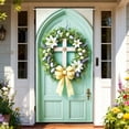 thumbnail image 4 of YaoZQ Religious Easter Door Cover, Christian Cross Wreath with White Lilies and Eggs Banner, Spring Holiday Front Door Decoration, Green, 35 x 71 in, 4 of 7