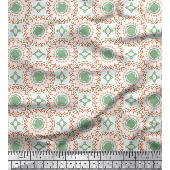 Soimoi White Japan Crepe Satin Fabric Mandala Geometric Print Fabric by Yard 42 Inch Wide