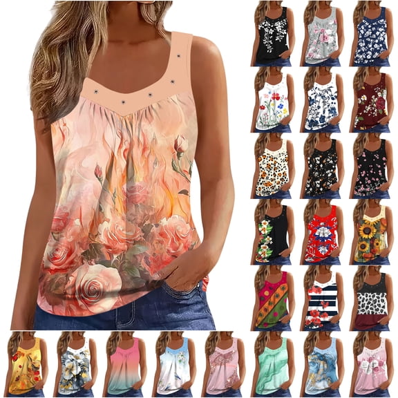 Jinhomg Pleated Tank Top for Women Floral Print Sleeveless T Shirts Boho Summer Beach Tops Dressy Casual Tunic Blouses Beige L
