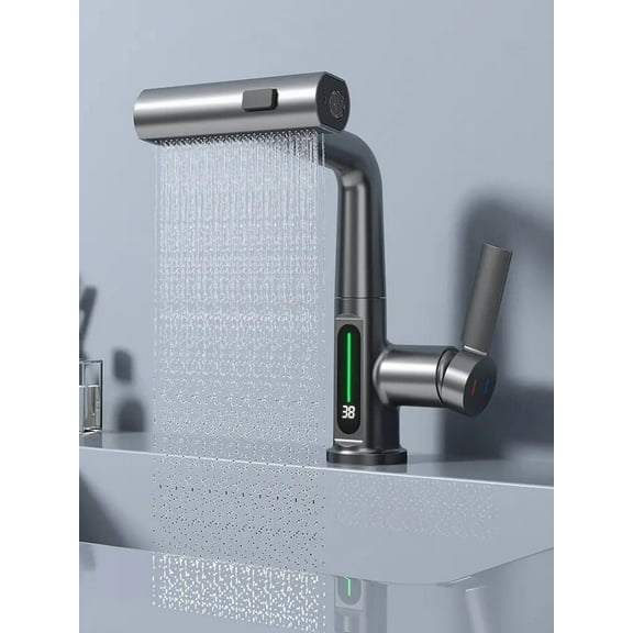 Gray Mixer Tap Waterfall Sink Faucet with Temperature Display, Pull Out Sprayer
