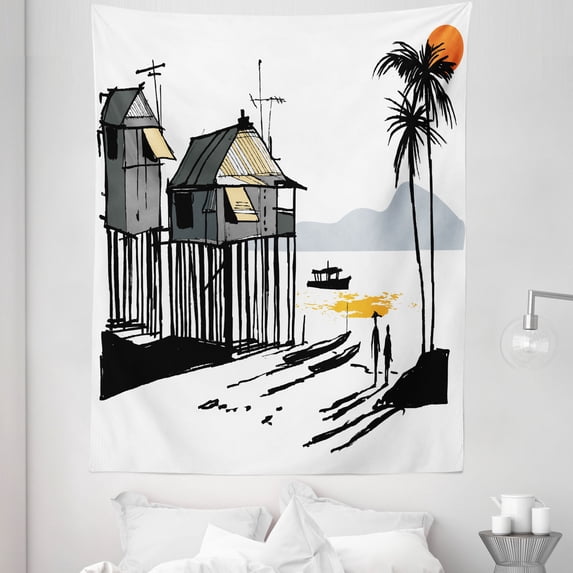 Coastal Tapestry, Sketchy Fishing Village Malay in Singapore with Houses Canoe Palms Sun Print, Fabric Wall Hanging Decor for Bedroom Living Room Dorm, 5 Sizes, Black Grey Orange, by Ambesonne