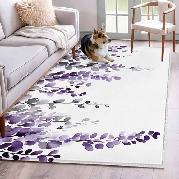 Kitchen Mats for Floor 3x5 Ft, Purple Eucalyptus Leaves Non Slip Area Rugs for Kitchen Bedroom Entryway, Summer Leaf Watercolor Washable Carpet Runner Rug Floor Mats for Bedroom Home Decor