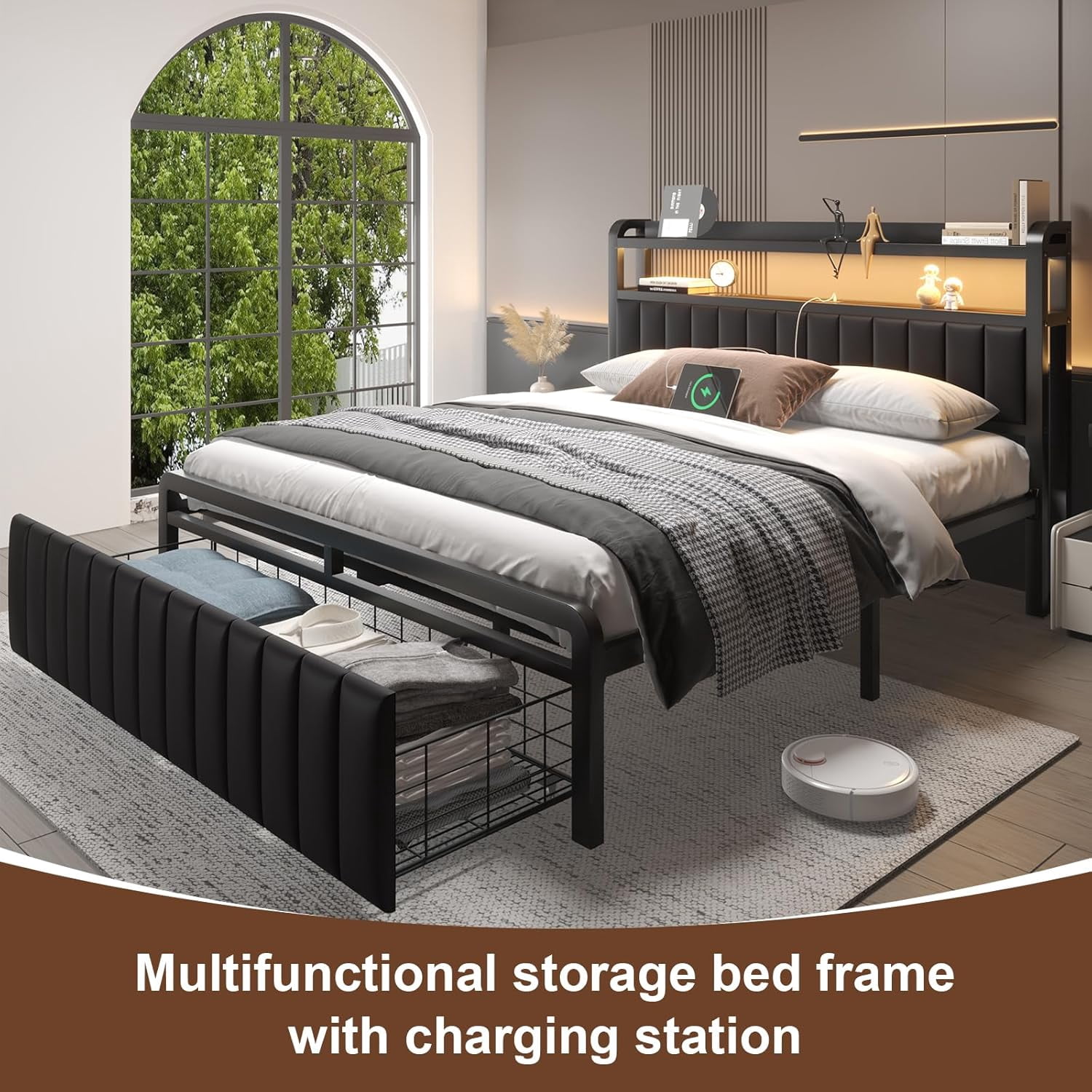 Full Size Bed Frame with Storage Drawer, LED Upholstered Platform Bed with Charging Station, Metal Slats, Black