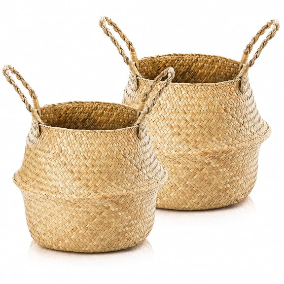 2pcs Seagrass Storage Baskets with Handles - Woven Foldable Round Toy Laundry Belly Baskets for Shelves (S:24×20 cm)