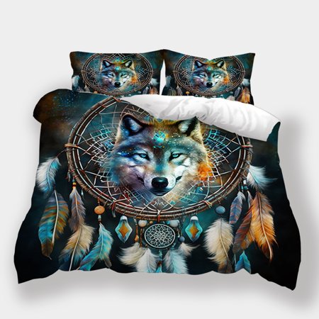Quilt Cover Set 3D Cool Wolf Bed Cover Dream Catcher Bedding Set Luxury Bedspread Home Decor,California King(98"x104")