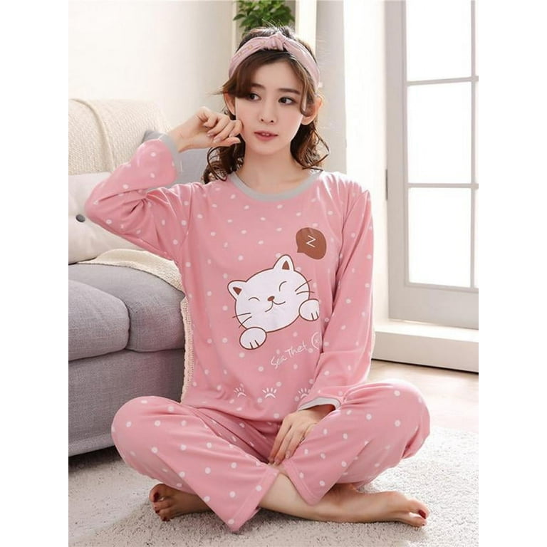 Women's Cute Cartoon Bear Long Sleeve Sleepwear Pjs Pajama Set Nighty