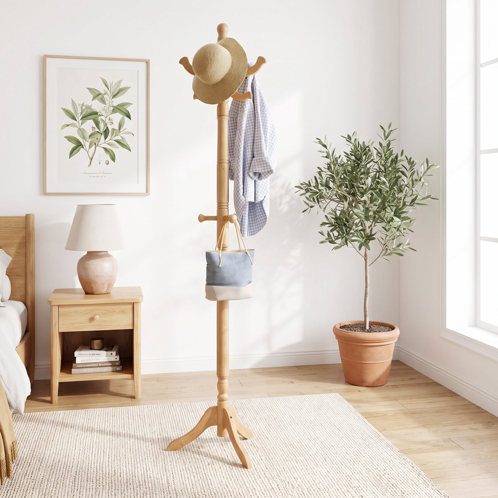 Furnibear Solid Wood Hall Tree Coat Rack with 11 Hooks and 3 Height Options for Entryway and Hallway and Office, Natural