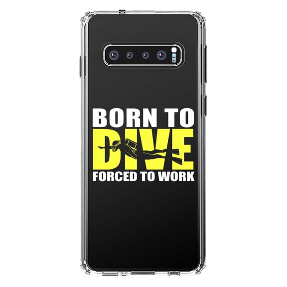 DistinctInk Clear Shockproof Hybrid Case for Samsung Galaxy S10  PLUS (6.4" Screen) - TPU Bumper Acrylic Back Tempered Glass Screen Protector - Born to Dive, Forced to Work