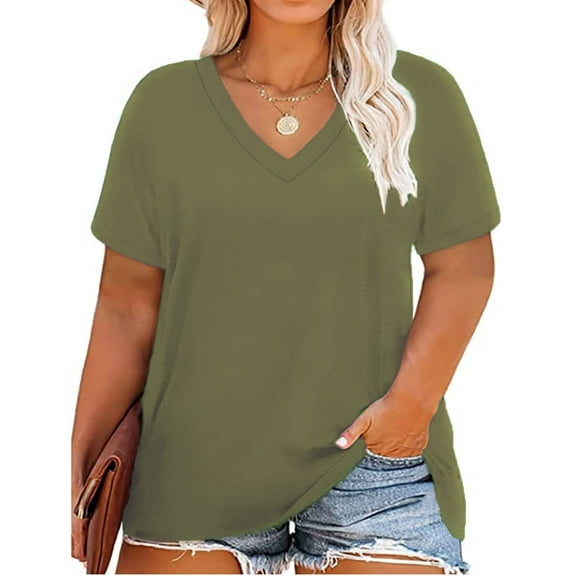 TIYOMI Womens Plus Size Shirts 2X Basic Summer Tops Short Sleeve Army Green Blouses V Neck Casual Solid Color Tees Casual Loose Fit 2XL 18W 20W