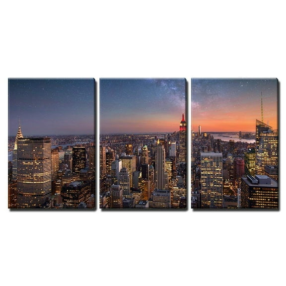 wall26 - 3 Piece Canvas Wall Art - Milky Way Over Manhattan, New York City - Modern Home Art Stretched and Framed Ready to Hang - 16"x24"x3 Panels