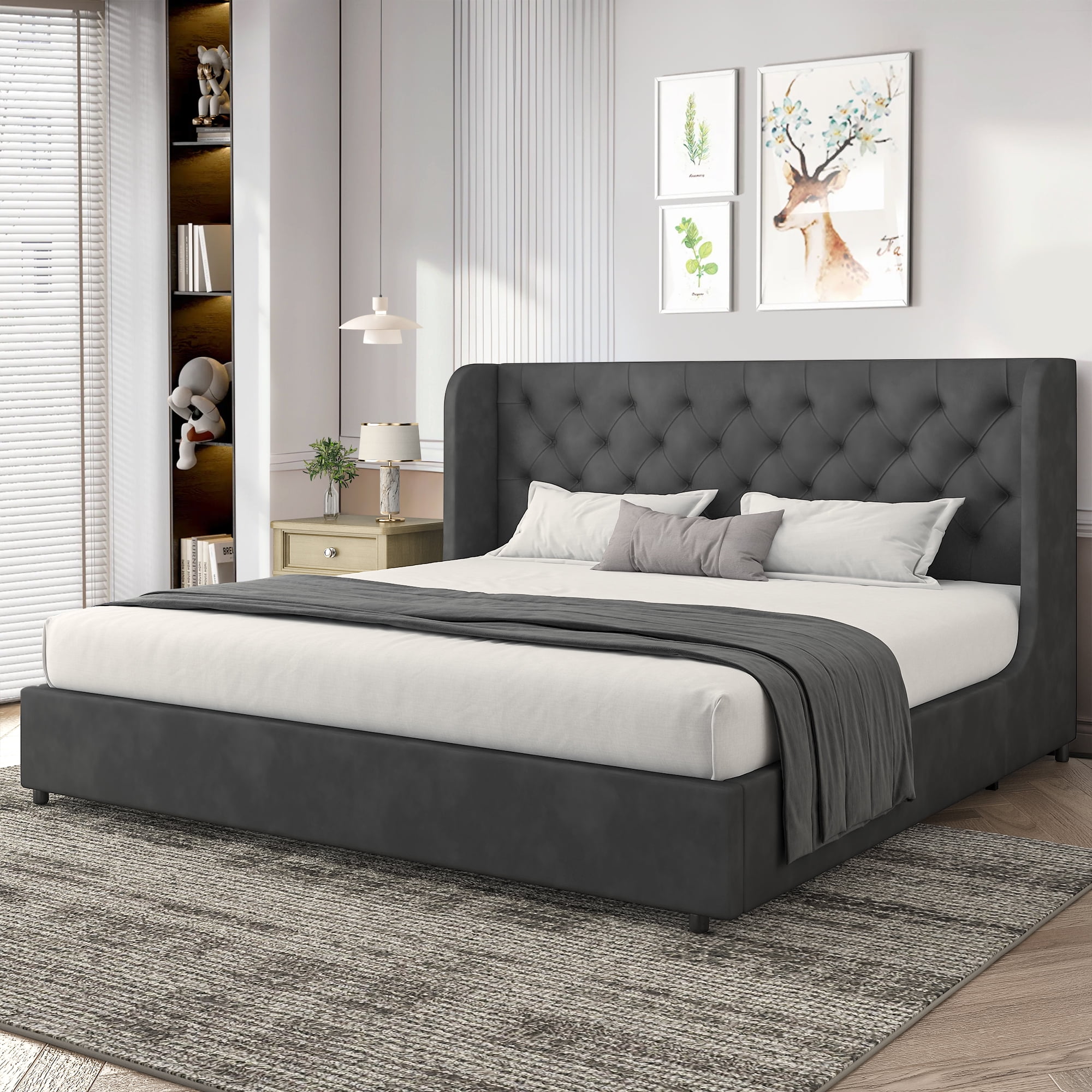 4 EVER WINNER King Size Bed Frame, Modern Upholstered Platform Bed Frame with Button Wingback Headboard, White