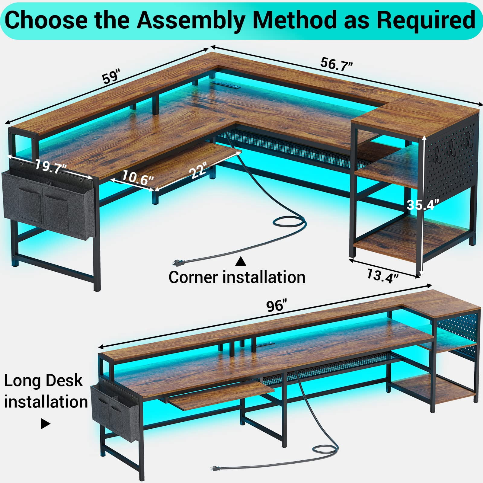 L-Shaped Desk with LED Strips & Charging Station, 2 Person Computer Desk with Storage Shelves & Monitor Stand, Rustic Brown