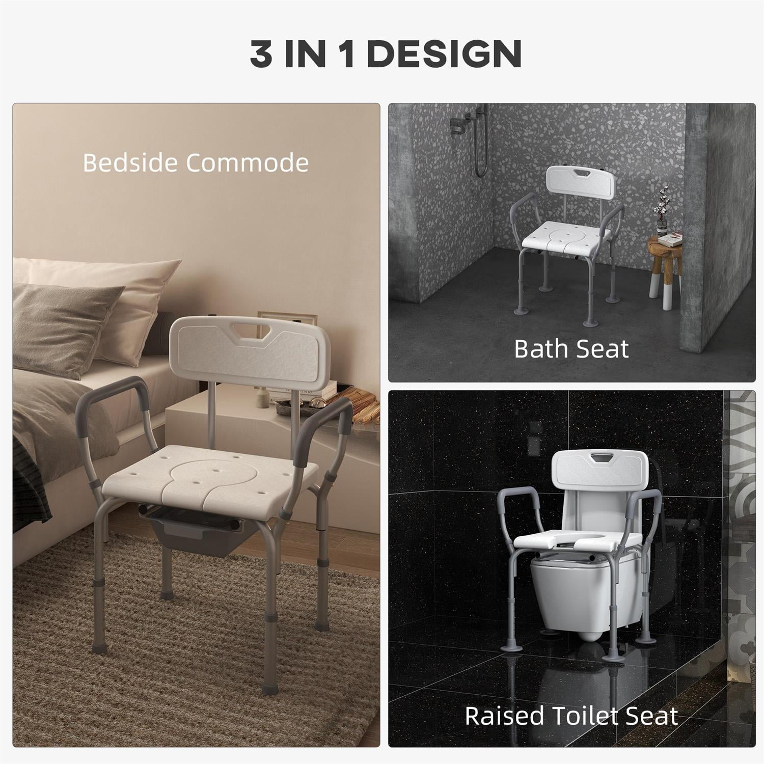Demi Bonn 32" Adjustable Height Shower Chair with Back & Arms, Commode & Toilet Seat for Seniors & Disabled, Non-Slip Rubber Padding, White