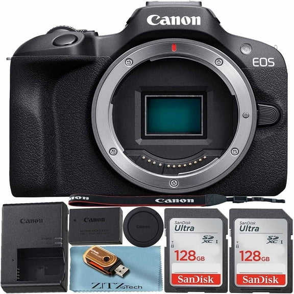 Canon EOS R100 Mirrorless Camera (Body Only) 4K Video Recording with 2 Pack SanDisk 128GB Memory Card   ZeeTech Accessory Bundle