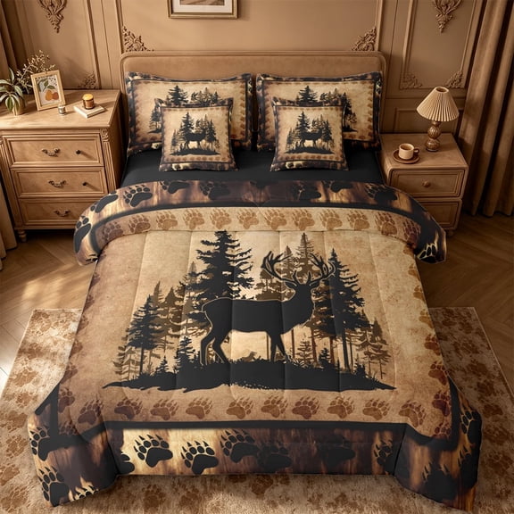 meiyoeat Vintage Deer Silhouette 7pcs Queen Bedding, Rustic Paw Print Bedding Comforter Set Queen For Boys Kids,Black Reversible