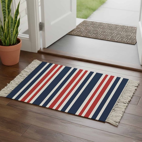 Kitchen Runner Rugs, Patriotic Red White Blue Striped 2'x3' Throw Rug with Tassels, Minimalist Geometric Washable Soft Floor Carpet Runner for Hallway Bedroom Bathroom Laundry Room