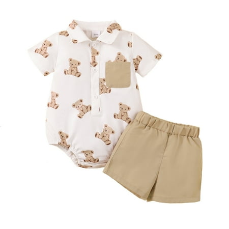 

Kucnuzki 12 Months Baby Boy Summer Outfits Shorts Sets 18 Months Short Sleeve Cute Teddy Bear Prints Romper Tops Elastci Walkshorts 2PCS Set Khaki