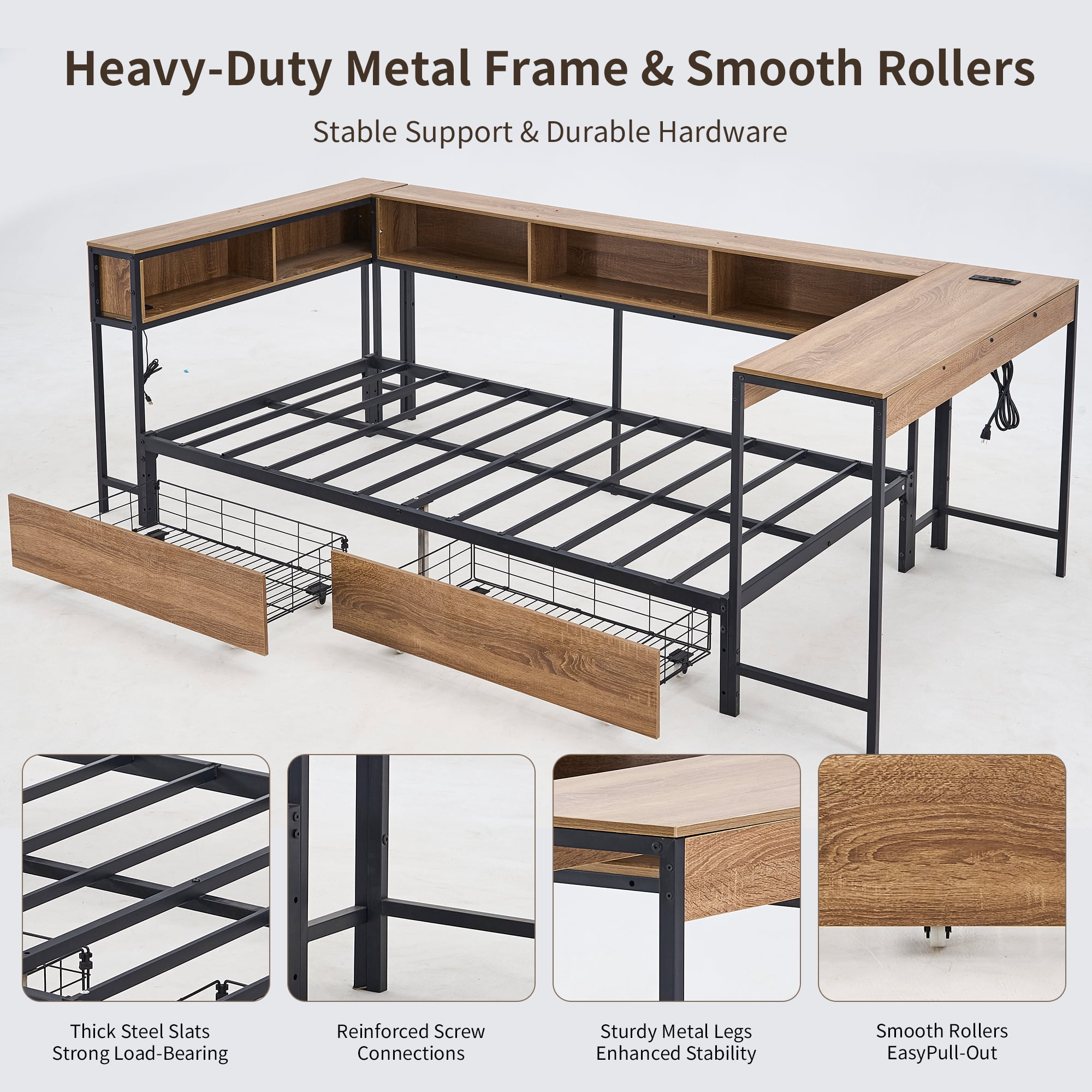 Leumius Twin Size Corner Bed Frame with Bookcase and 2 Underbed Storage Drawers, Modern Twin Bed with LED Light and Charging Station for Bedroom Guest Room