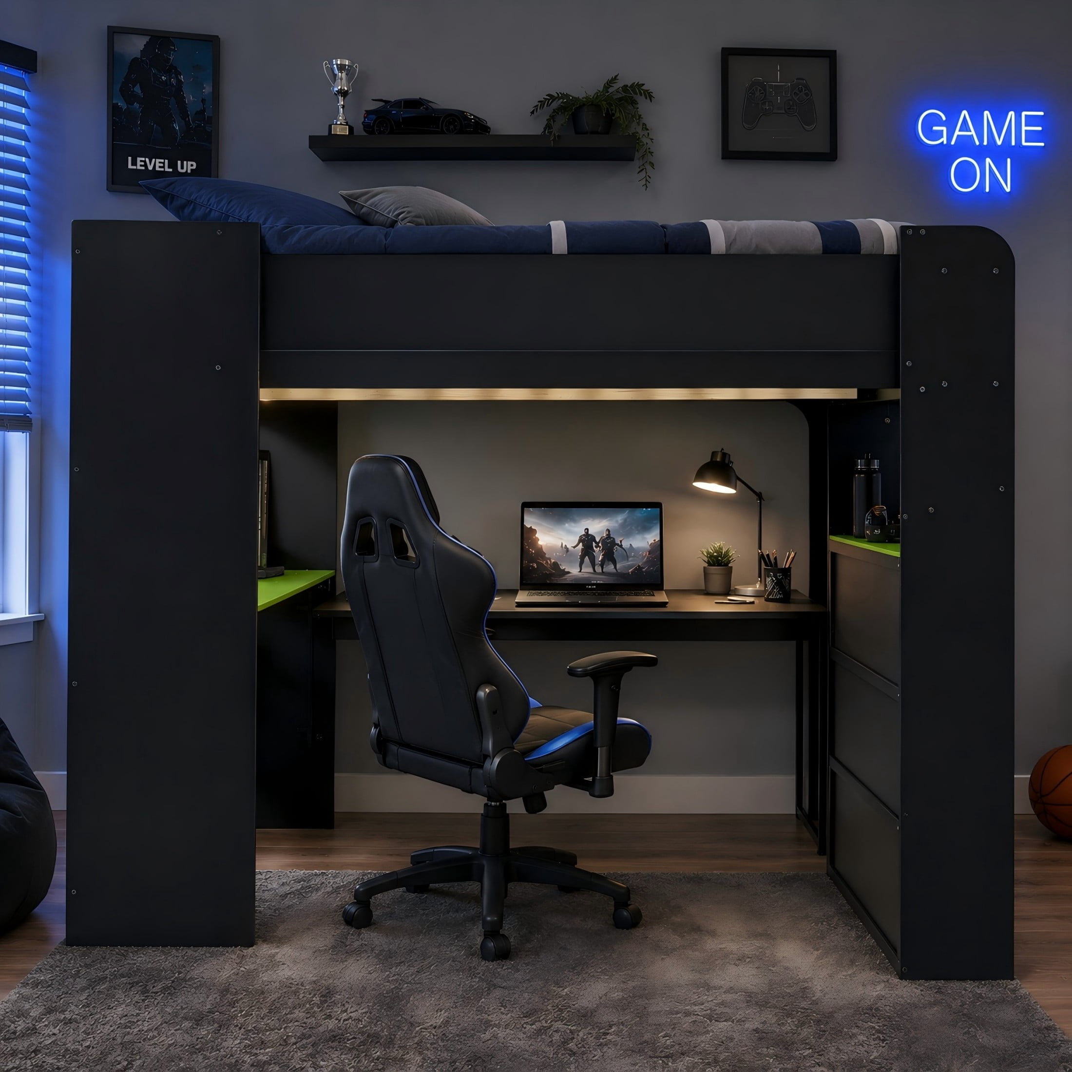Aukfa Full Size Loft Bed with Desk, Wardrobe, USB Port and RGB Lights, Wood Gaming Loft Bed for Kids Teens Adults, Green
