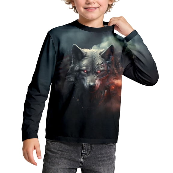 CONZONE Toddler Boys Tshirts Casual Wolf Graphic Long Sleeve T-Shirt for Boys Crew Neck Lightweight Loose Fit Kids Spring Summer Tops