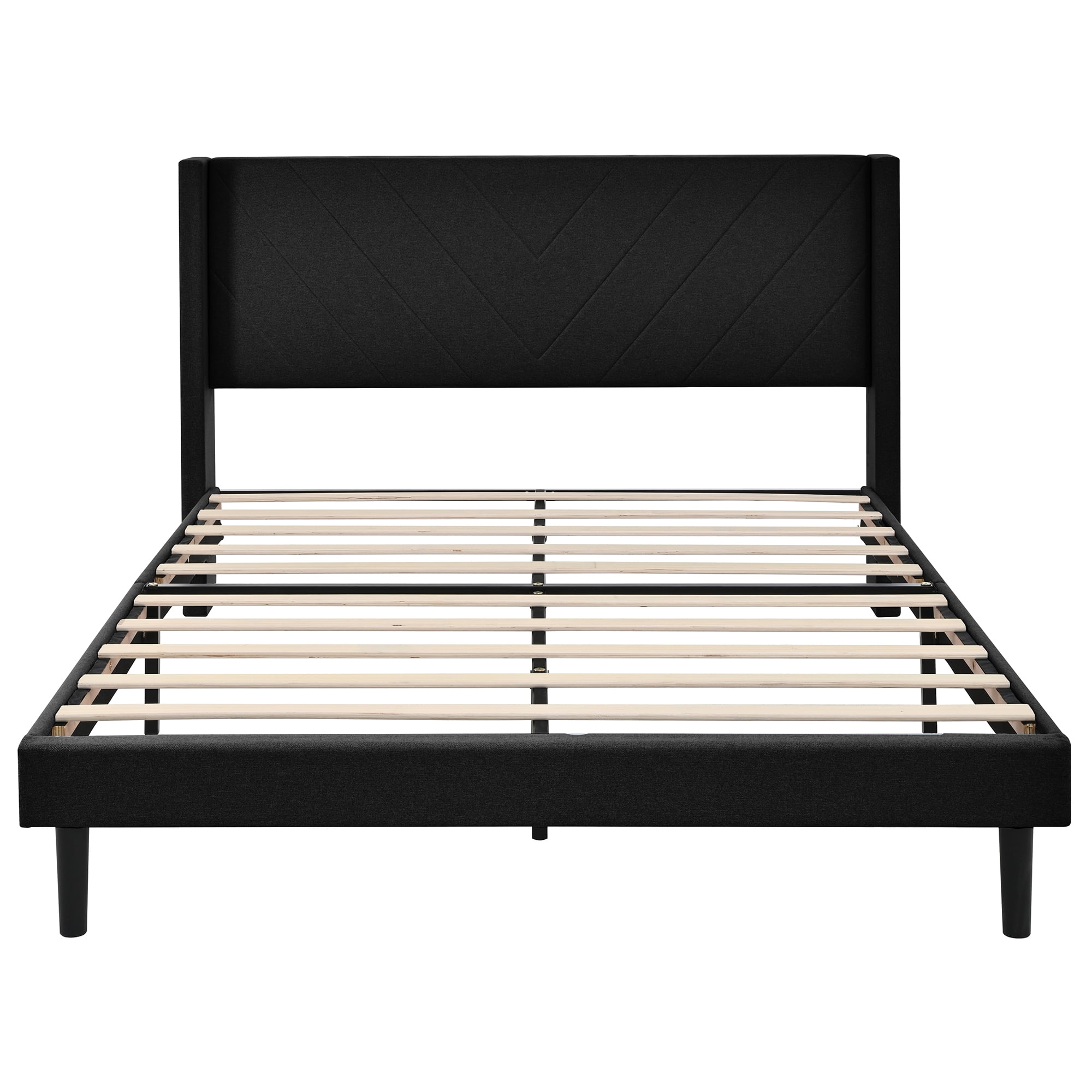 Queen Size Platform Bed Frame with Wingback Upholstered Headboard, Sturdy Wooden Slats Support, Easy to Assembly, Black