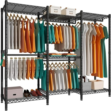 

Heavy Duty Clothes Rack Wire Garment Rack for Hanging Clothes Multi-Functional Bedroom Clothing Rack with 5 Hanger Rod 7 Shelves 2 Side Hooks Extra Wide 86 W X18”D X77”H Max Load 900LBS Black GR7