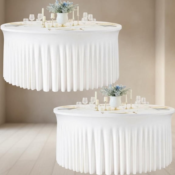 White Spandex Round Tablecloths, Stretchy Fitted Round Table Cover with Skirt for Wedding Party Dining Banquet Receptions Dinner