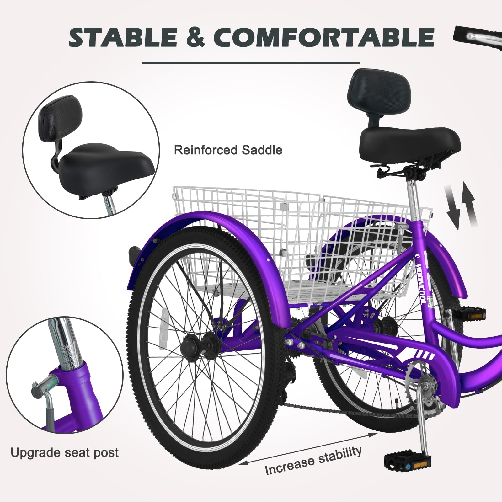 Lilypelle Adult Tricycle 7 Speed Adult Trikes 20 inch,3 Wheel Bikes with Backrest,Low Step-Through Aluminum Frame,Cargo Basket,Rose Purple