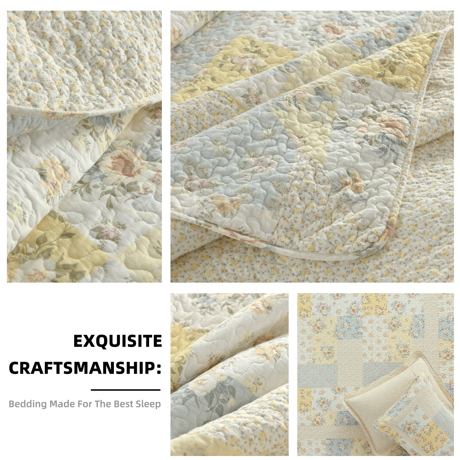 PANGUSHAN 100% Cotton 120"x120" Oversized California King Bedspread Coverlet Quilt Set, Cal King Quilted Bedspread Extra Large Wide Quilt, Floral XL Bed Spread Lightweight Comforter, Yellow/Cream