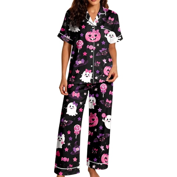CONZONE Halloween Pajamas for Women Set Short Sleeve Button Down Graphic Tops Pants Pjs 2 Piece Spooky Season Sleepwear