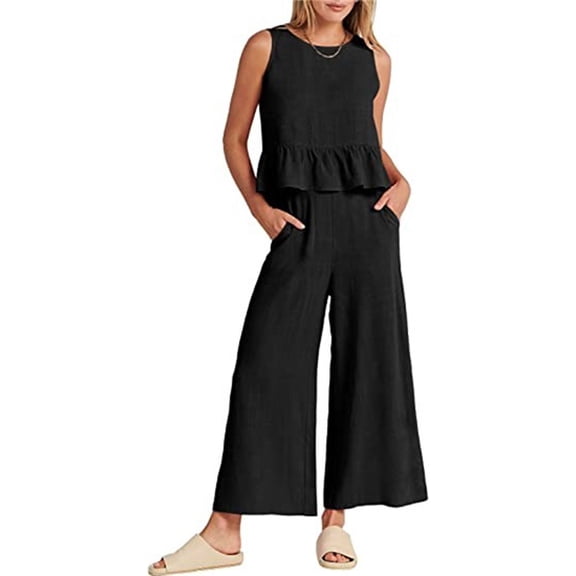 EASYBRAUS Women Sleeveless Pleated Vest and Cropped Wide Leg Pants Set Summer 2025 Casual Outfit S-3XL