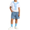 thumbnail image 2 of Daiosportswear Boys 4 Piece Summer Outfit Set, Crew Neck Tee Detachable Shawl Pocket Denim Shorts Knee High Socks for 3-16Y Sky Blue 13-14 Years, 2 of 9